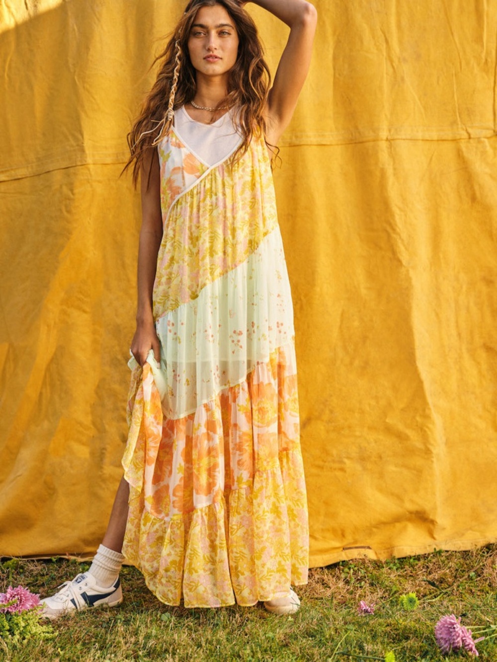 $198 Free People Yellow & Cream Floral Tiered Maxi Dress flowy medium M
